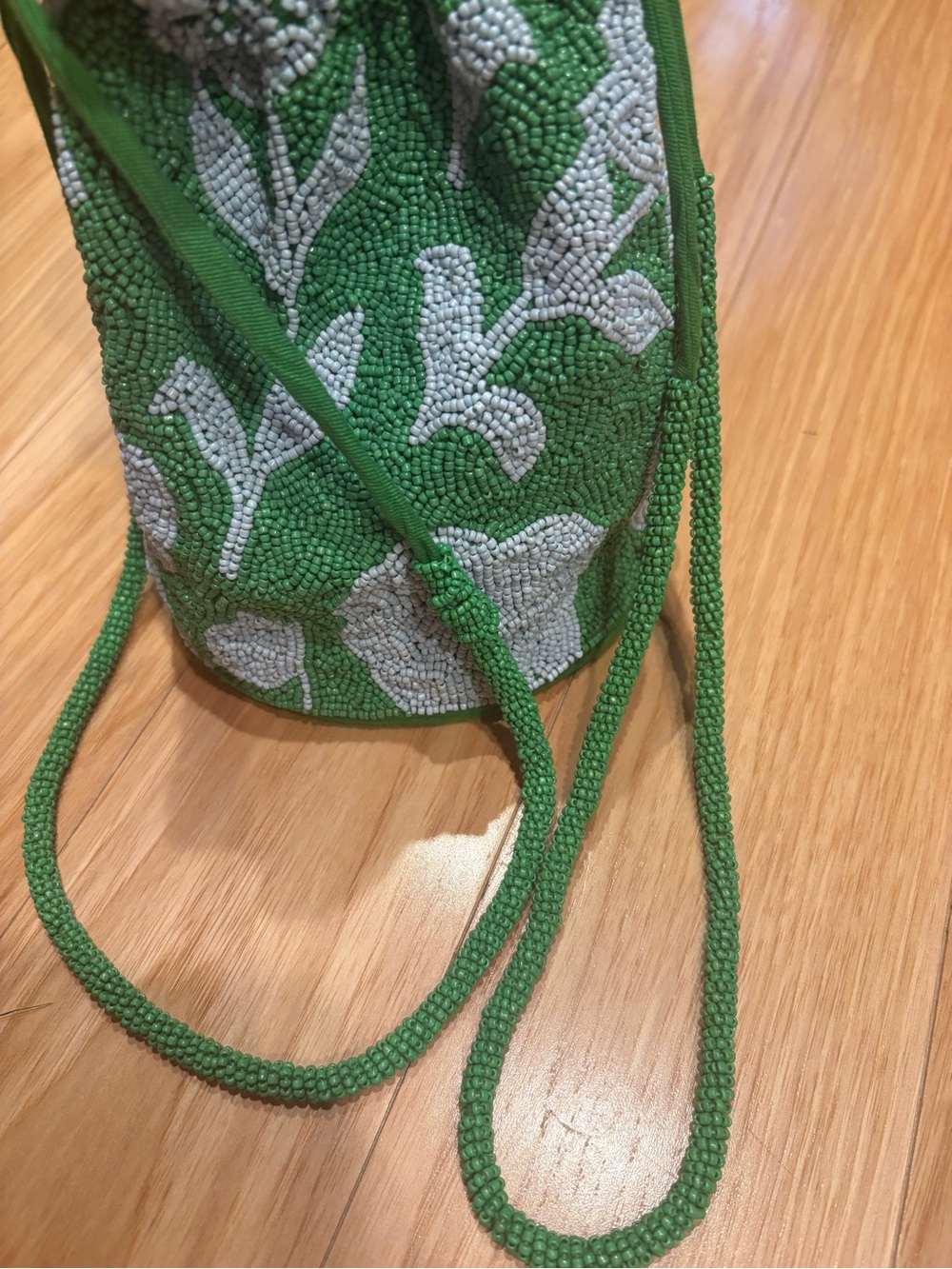 Green Beaded Floral Bucket Bag